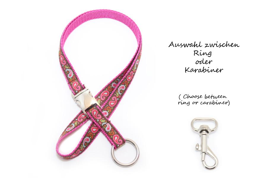Schlüsselband Paisley pink braun Webband 15 mm breit